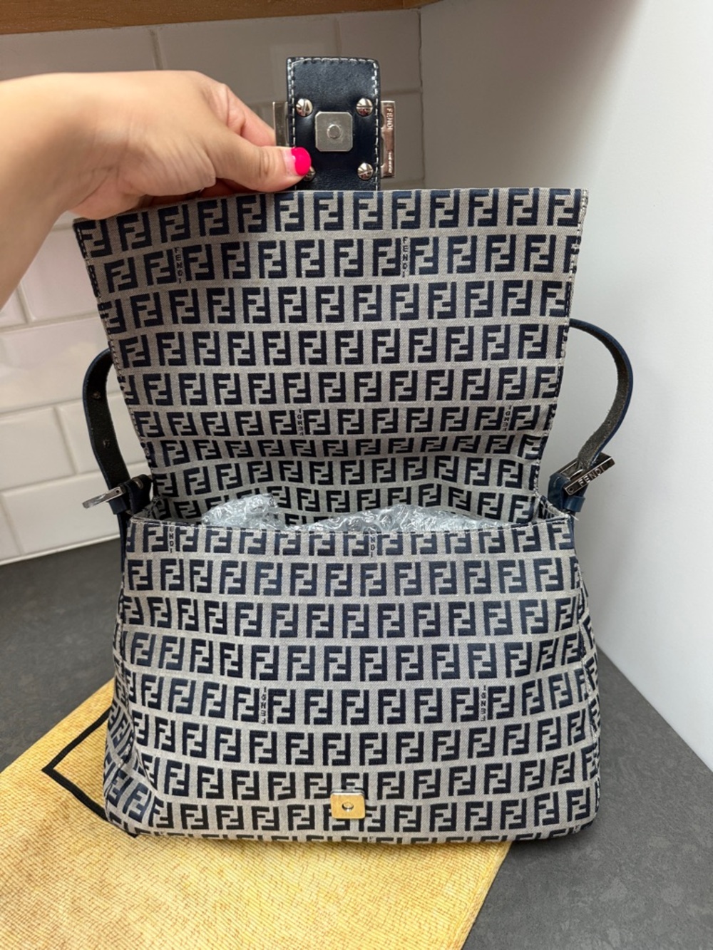 Fendi Zucca Mama Baguette Navy Blue Silver Hardware - Picture 7 of 12